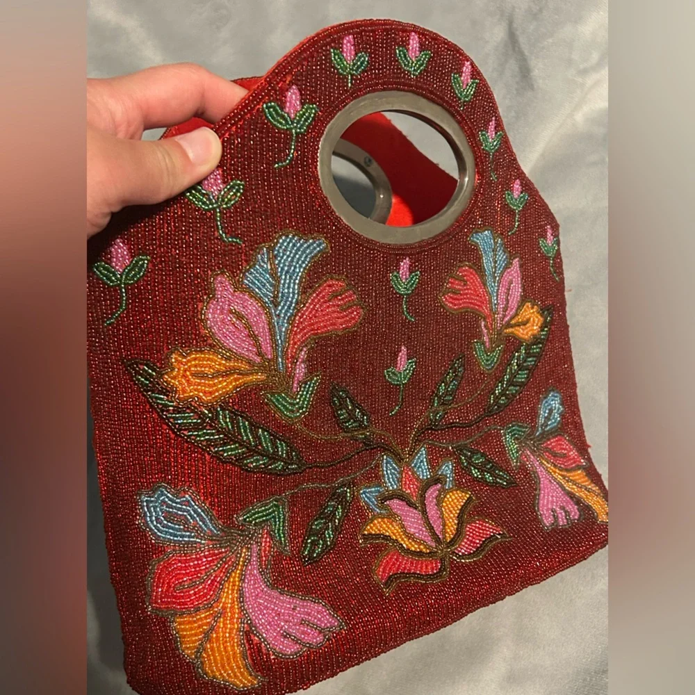 Vintage Red Floral Beaded Handbag Purse - Picture 6 of 13